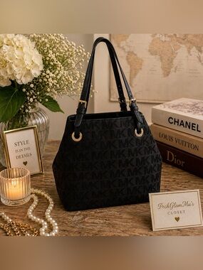 Michael Kors Black Logo-Print Shoulder Bag with Gold Hardware